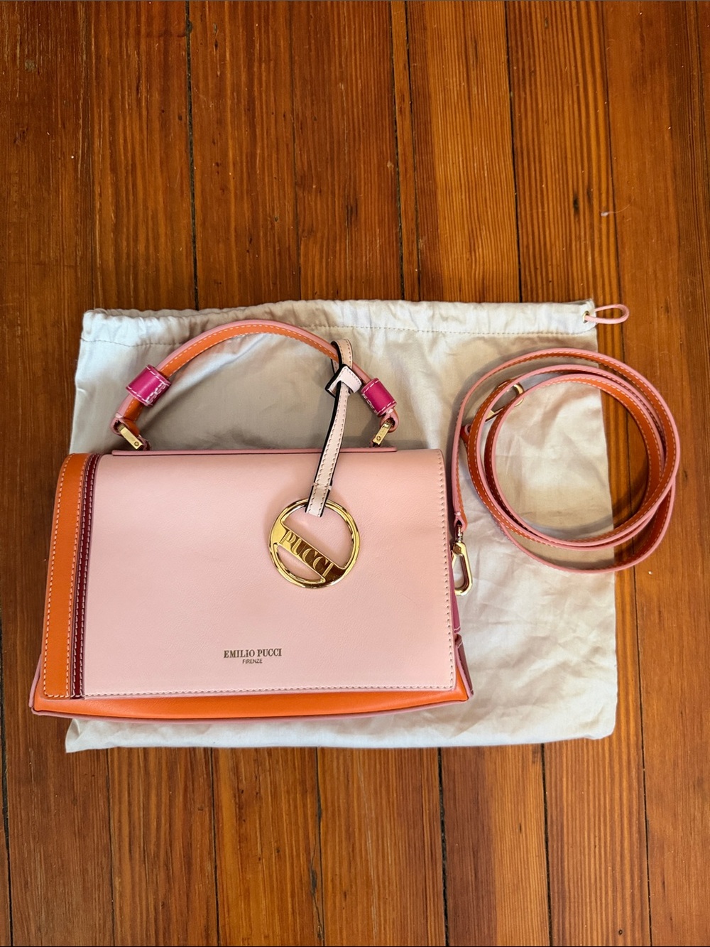 New Authentic Emilio Pucci Pink and Orange Leather Top-Handle Satchel - Picture 6 of 7